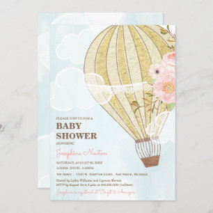 Pastel Floral & Gold Hot Air Ballon Babydusche Einladung