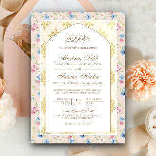 Pastel Floral Gold Motif Arch Muslim Wedding Einladung