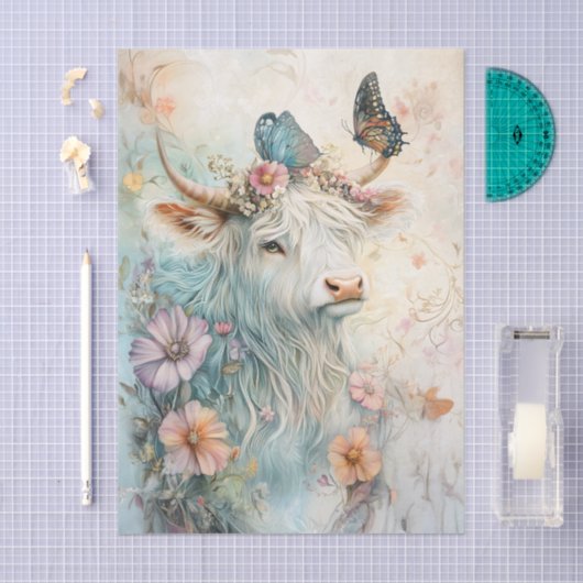 Pastel Floral Highland Cow Decoupage Seidenpapier (Handwerk)