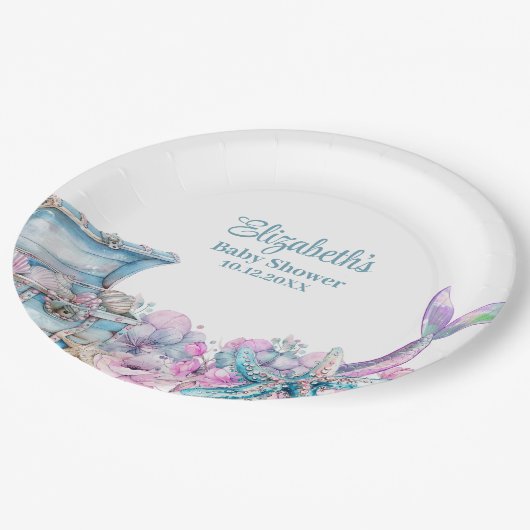 Pastel Floral Mermaid Schwanz Babydusche Pappteller (Schrägansicht)