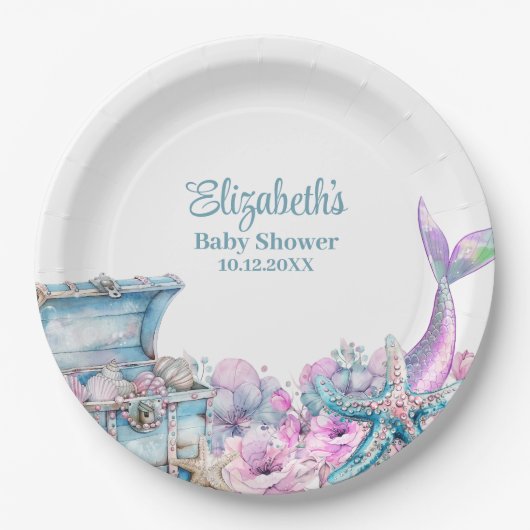 Pastel Floral Mermaid Schwanz Babydusche Pappteller (Vorderseite)
