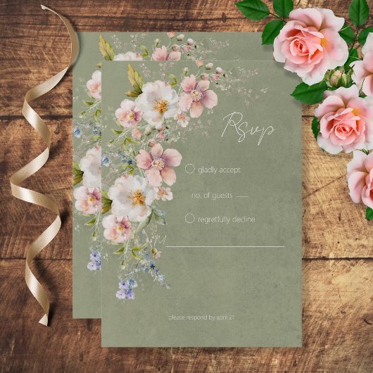 Pastel Floral Modern Green Wedding RSVP Karte