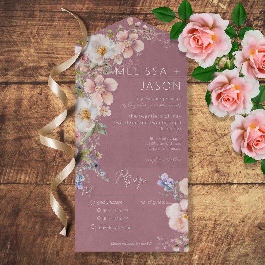 Pastel Floral Modernes Dusty Pink Abendessen All In One Einladung
