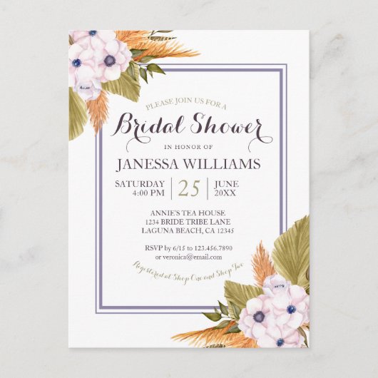 Pastel Floral Pampas Grass Brautparty Einladung (Vorderseite)