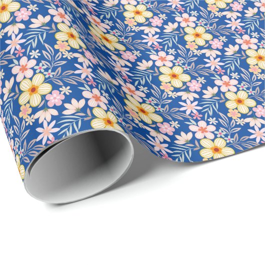 Pastel Floral pattern C03.bw Blue BG Geschenkpapier (Rolleneckpunkt)