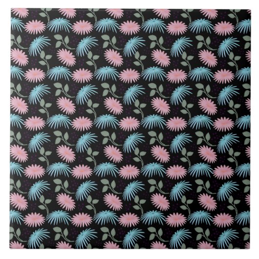 Pastel Floral Pattern on Black Background | Cute D Fliese (Vorderseite)