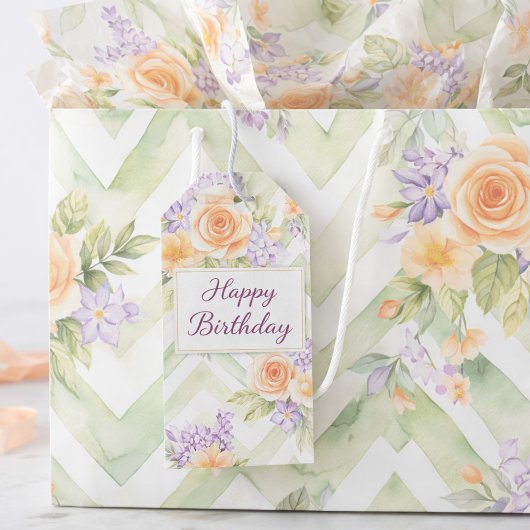 Pastel Floral Peach Lavender Sage Chevron Birthday Große Geschenktüte