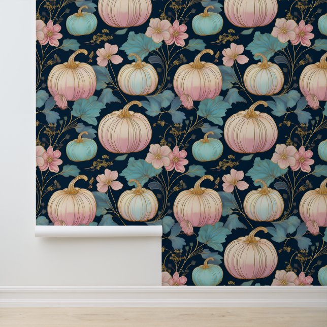 Pastel Floral Pumpkin Patch auf Dunkelblau Tapete (Anwendung)