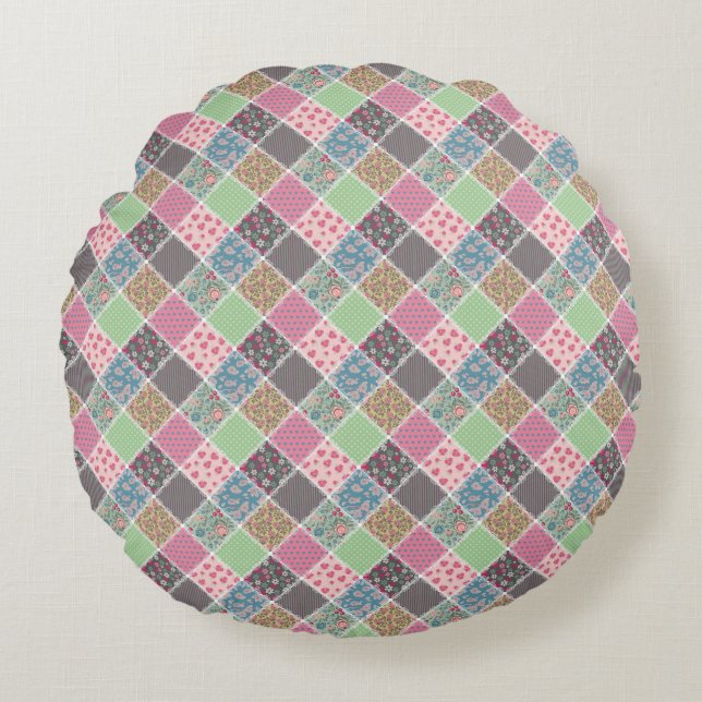 Pastel Floral Quilt Square Rundes Kissen (Vorderseite)