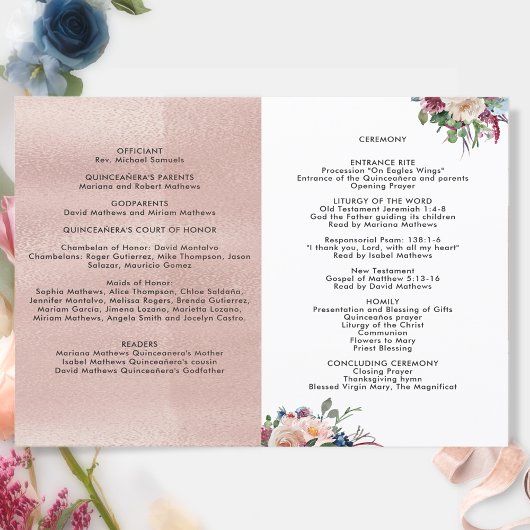 Pastel Floral Rose Gold Quinceañera Faltprogramm