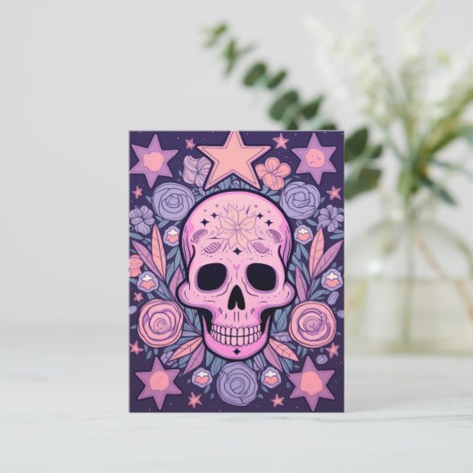 Pastel Floral Skull Art Postkarte (Stehend Vorderseite)
