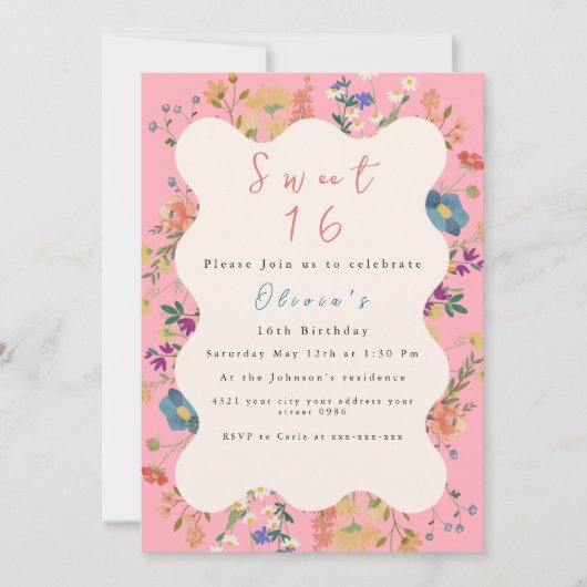 Pastel Floral Sweet 16 Einladung (Vorderseite)