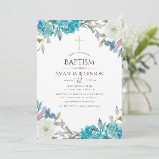 Pastel Floral Taufe oder Weihnachten Einladung (Stehend Vorderseite)