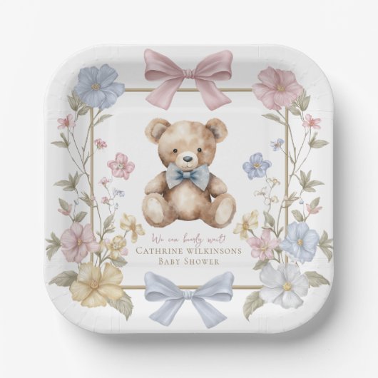 Pastel Floral Teddy Bear Baby Shower Plates Pappteller (Vorderseite)