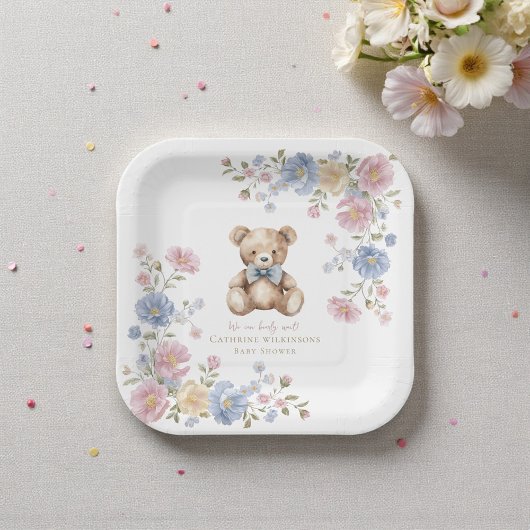 Pastel Floral Teddy Bear "We Can Bearly Wait" Show Pappteller