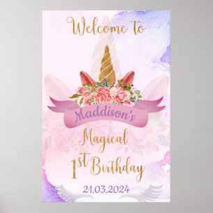 Pastel Floral Unicorn Geburtstagsparty Willkommen Poster