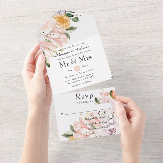 Pastel Floral Wedding All In One Einladung (Abreißen)