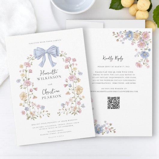 Pastel Floral Wreath QR Code Wedding Website Einladung