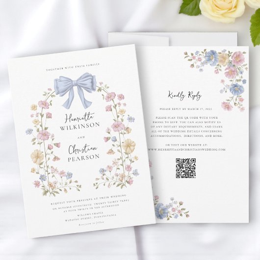 Pastel Floral Wreath QR Code Wedding Website Einladung