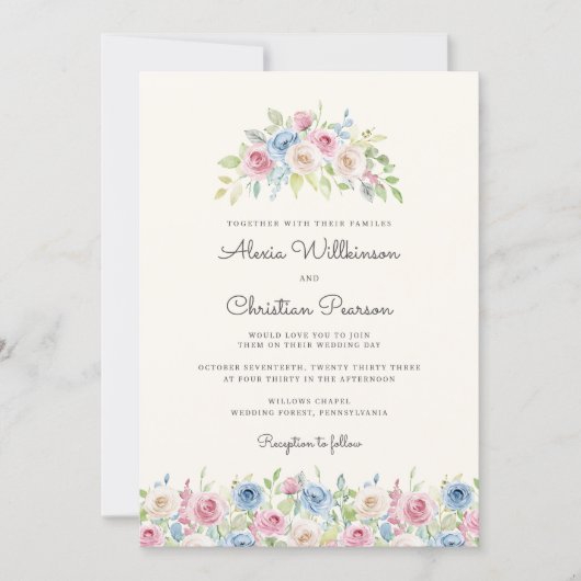 Pastel Floral Wreath Wedding Invitation Einladung (Vorderseite)