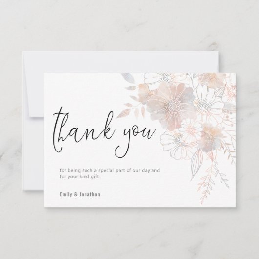 Pastel Florals Blush Gray Script Foto Wedding Dankeskarte (Vorderseite)