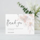 Pastel Florals Blush Gray Script Foto Wedding Dankeskarte (Stehend Vorderseite)