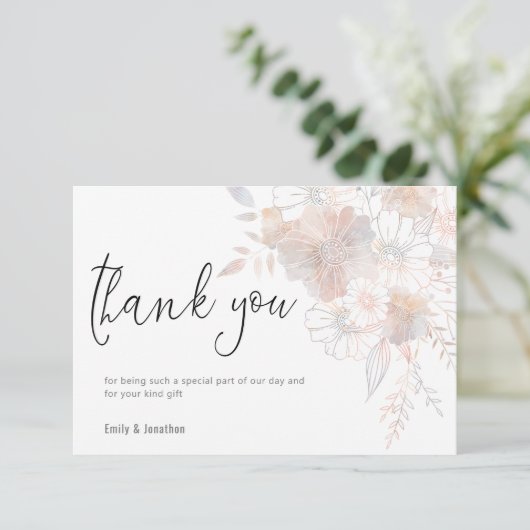 Pastel Florals Blush Gray Script Foto Wedding Dankeskarte (Stehend Vorderseite)