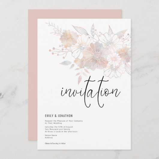 Pastel Florals Blush Peach Gray Wedding Einladung (Vorne/Hinten)