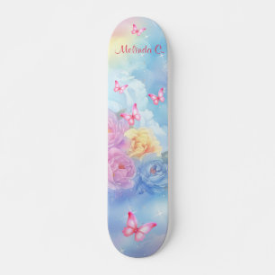 Pastel Florals & Pink Butterflies Regenbogenwolken Skateboard