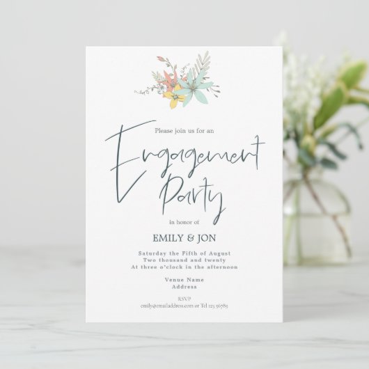 Pastel Florals Stylish Script Engagement Party Einladung (Stehend Vorderseite)