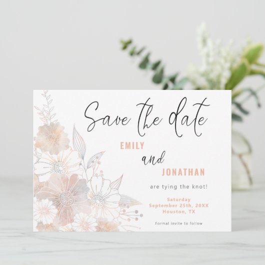 Pastel Florals Wedding Coral Save the Date (Stehend Vorderseite)