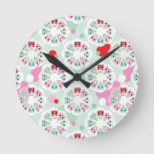 pastel flower owl background pattern runde wanduhr