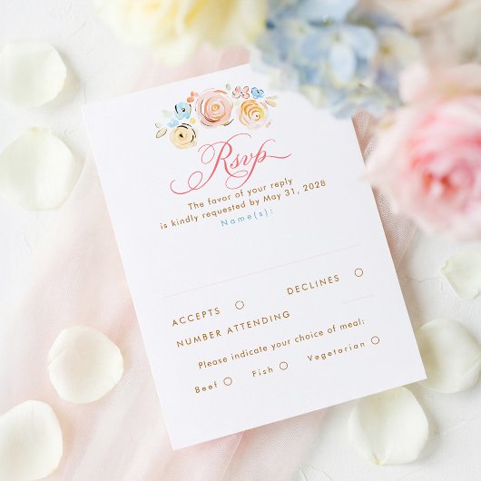 Pastel Flowers Whimsical Elegant Wedding RSVP Card Karte