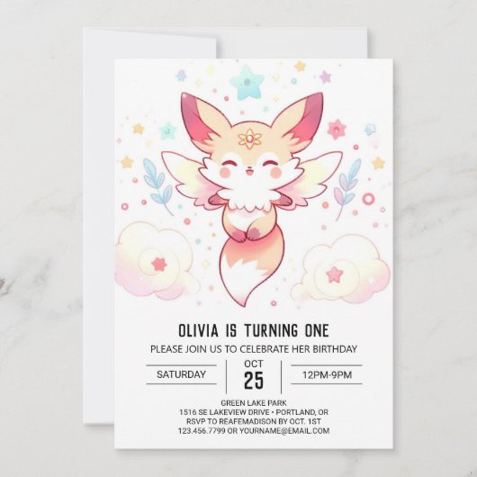 Pastel Fox 1. Geburtstag Einladung (Vorderseite)