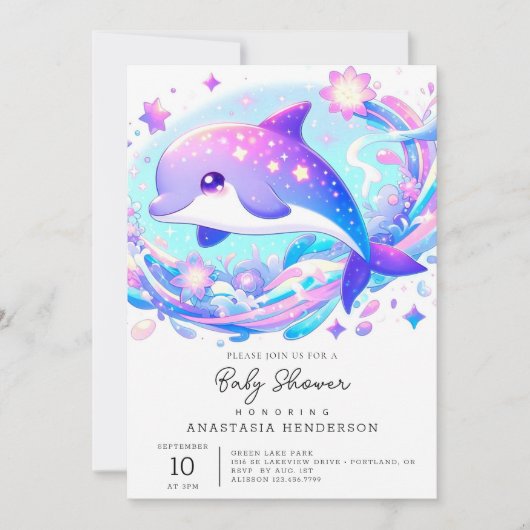 Pastel Fun Dolphin Babydusche Einladung (Vorderseite)