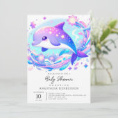 Pastel Fun Dolphin Babydusche Einladung (Stehend Vorderseite)