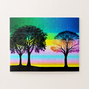 Pastel Fun Sunset Behind Silhouette Trees Puzzle