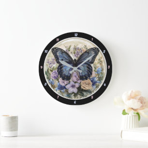 Pastel Garden" - Blauer Schmetterling Große Wanduhr