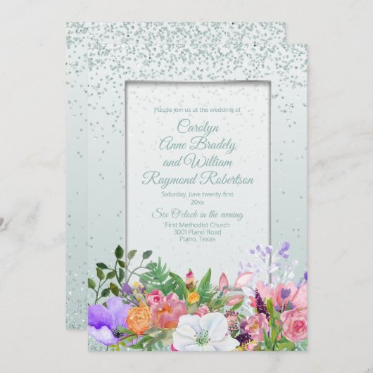 Pastel Garden Glittery Mint Wedding Einladung (Vorne/Hinten)