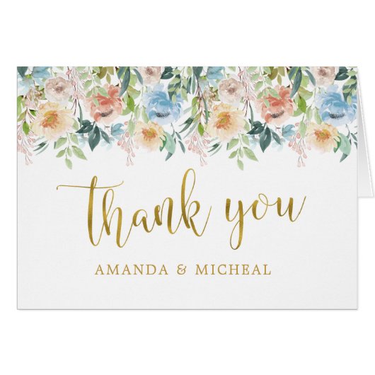 Pastel Garden | Gold Floral Wedding Dankeschön Kar (Vorderseite (Horizontal))