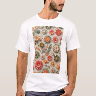 Pastel Garden: Handgearbeitete 3D-Flora-Flat Lay T-Shirt