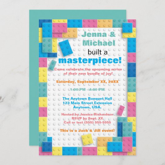 Pastel-Gebäude blockiert Kinderdusche Einladung (Vorne/Hinten)