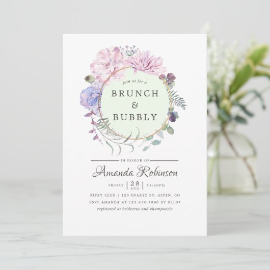 Pastel Geometric Peonies Blumenbrunch und Bubbly Einladung (Stehend Vorderseite)