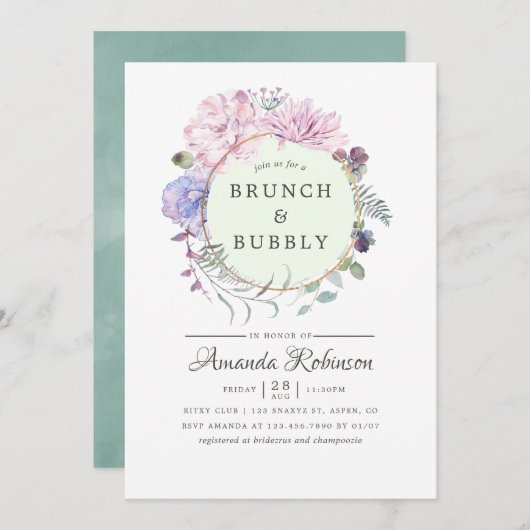 Pastel Geometric Peonies Blumenbrunch und Bubbly Einladung (Vorne/Hinten)