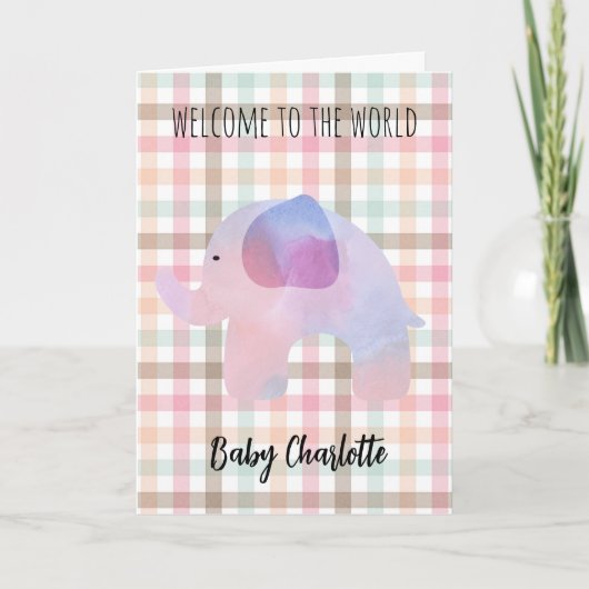 Pastel Gingham Elephant Welcome Baby Girl Karte (Vorderseite)