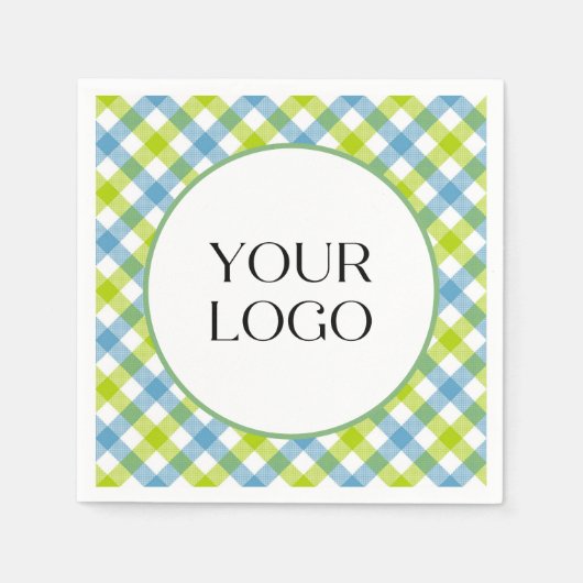 Pastel Gingham Napkins Ihr Logo hier blau grün Serviette (Vorderseite)