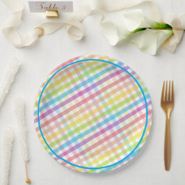 Pastel Gingham Rainbow Baby Shower Blue Pappteller