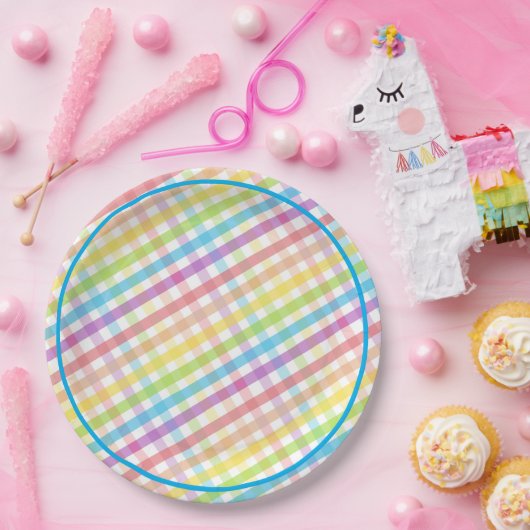 Pastel Gingham Rainbow Baby Shower Blue Pappteller (Party)