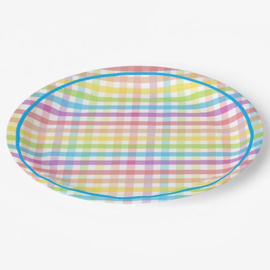 Pastel Gingham Rainbow Baby Shower Blue Pappteller (Schrägansicht)