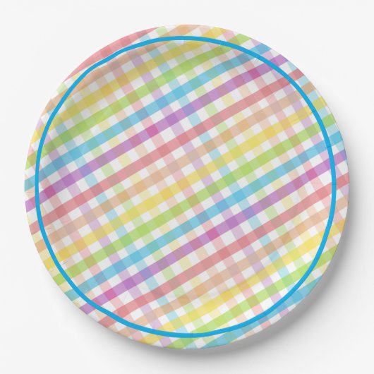 Pastel Gingham Rainbow Baby Shower Blue Pappteller (Vorderseite)
